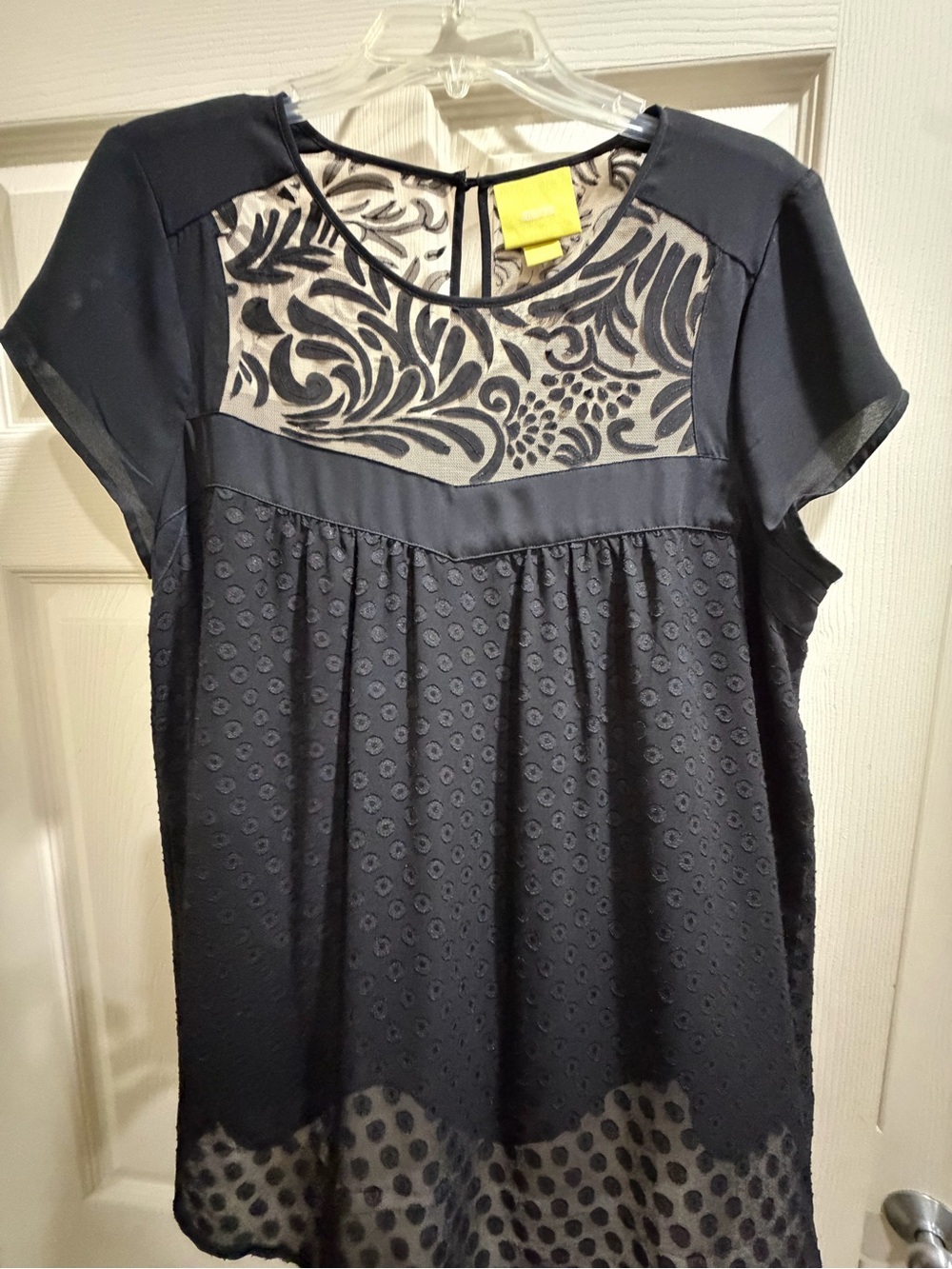 Maeve Anthropologie Black Swiss Dot Mesh Yoke Blouse Size 14
